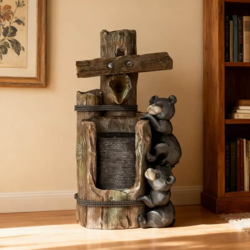 3-Tier Resin Bears on Log Outdoor Waterfall Fountain,Water Fountain with LED Lights, Pump