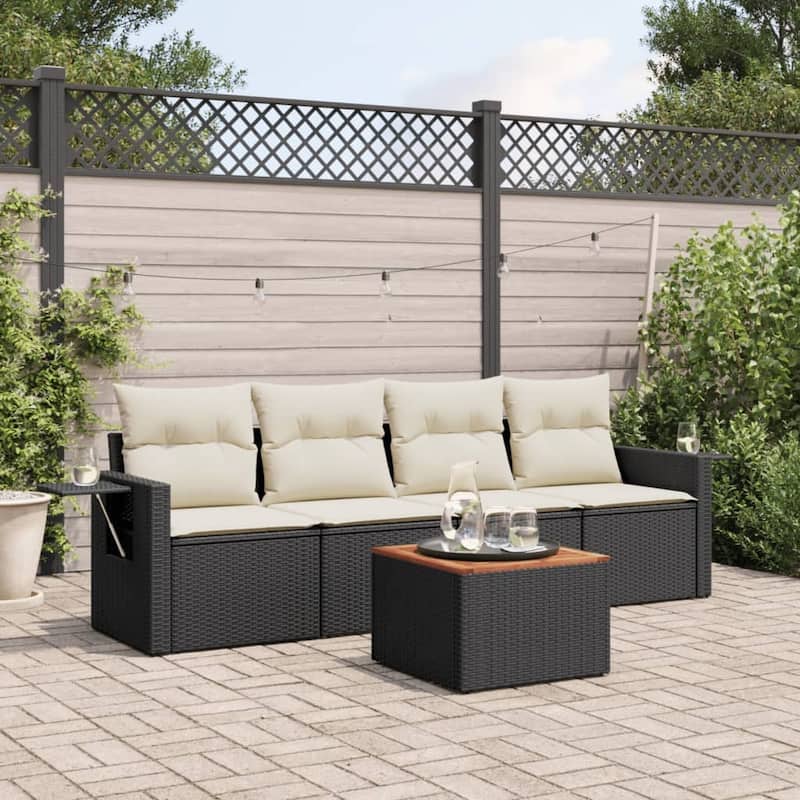 vidaXL Patio Sofa Set with Cushions Outdoor Furniture 5 Piece Poly Rattan - 21.7 x 21.7 x 14.6 - Black and cream