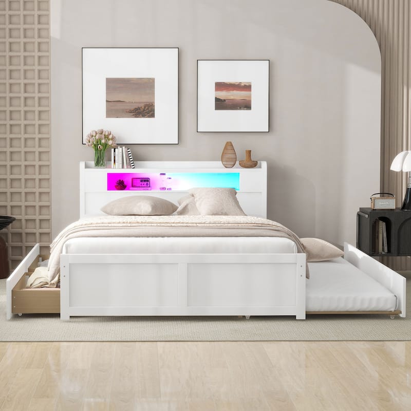 Queen Size Bed with Twin Trundle, 2 Drawers and LED Lighting, Wood Platform Bed Frame w/Storage