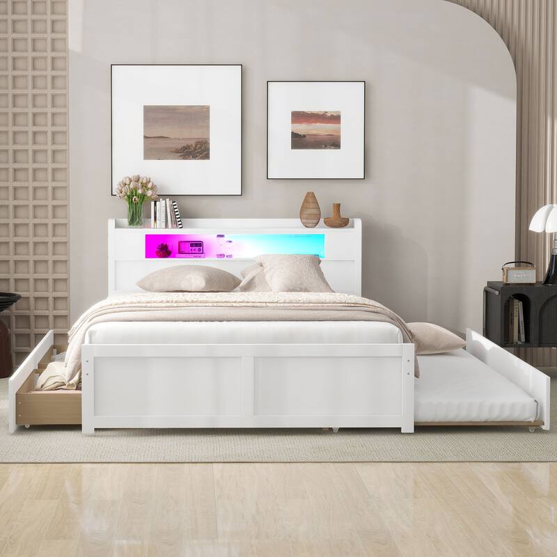 Queen Size Platform Bed with LED Headboard & 2 Drawers & Trundle, White