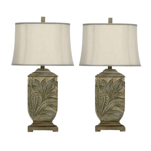slide 2 of 3, Pair of 27" Cast Leaf Embossed Design Table Lamps with Crepe Lined Designer Shades - 27