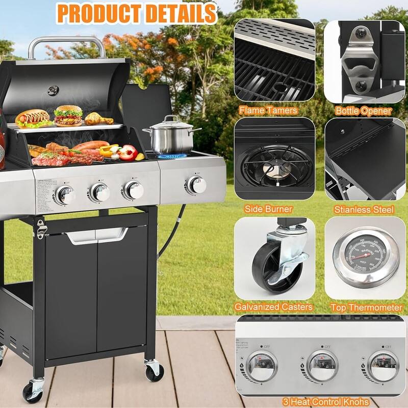 3-Burner Stainless Steel Propane Grill – Side Burner, Rain Cover, 40.5K BTU for Backyard/Camping/Outdoor – Black/Silver