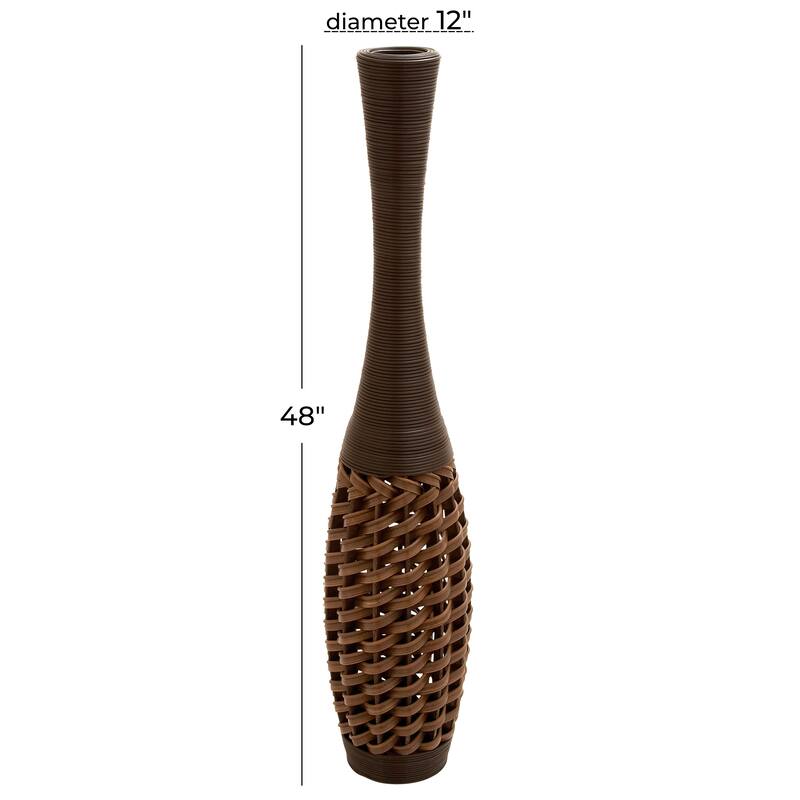 Brown Faux Seagrass Tall Woven Floor Decorative Vase with Dark Brown Wrapped Neck