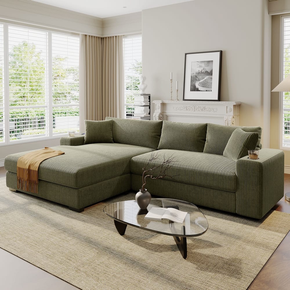 111.5" Corduroy Sectional Sofa Oversized 3 Seat L Shaped Sofa with 2 Built-in Cup Holders and Charging Ports