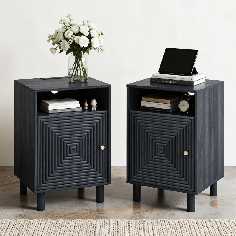 Modern Textured Concentric Square Door Nightstand Set of 2 with Charging Station & Solid Wood Legs - Black / Walnut Brown