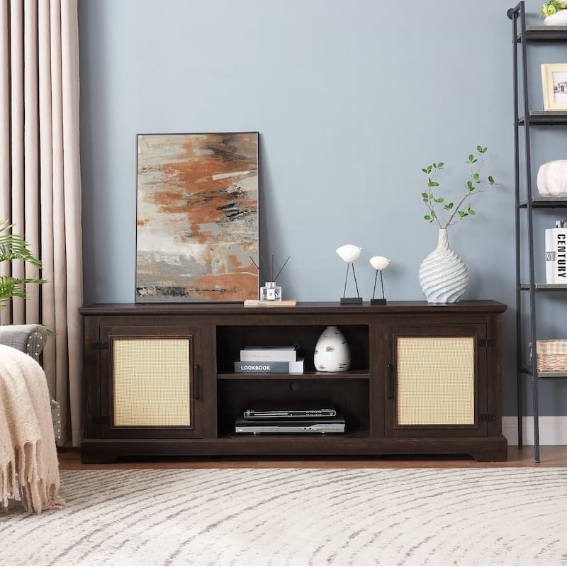 Farmhouse Rattan TV Stand Console Table for TVs up to 70 Inches, TV Console Table with 2 Storage Shelves
