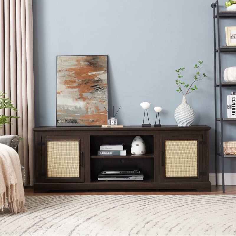 TV Stand for TVs up to 70" with Natural Rattan Doors, 2 Storage Cabinets, 3 Adjustable Shelves, Multifunctional Console Table