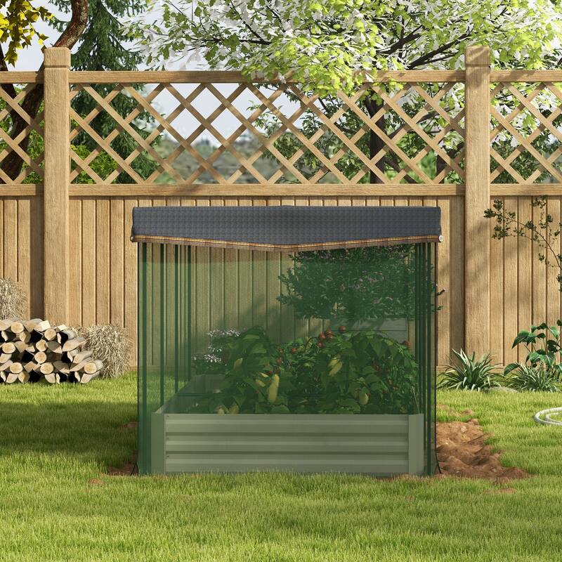 Outsunny Galvanized Raised Garden Bed with Crop Cage Plant Protection Net and Shade Cloth, Metal Planter Box