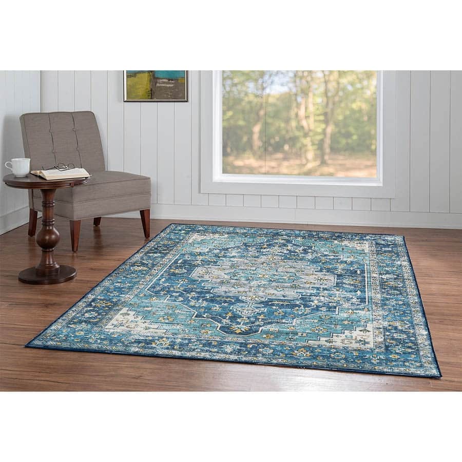 Sariah Machine Washlable Teal and Ivory Area Rug