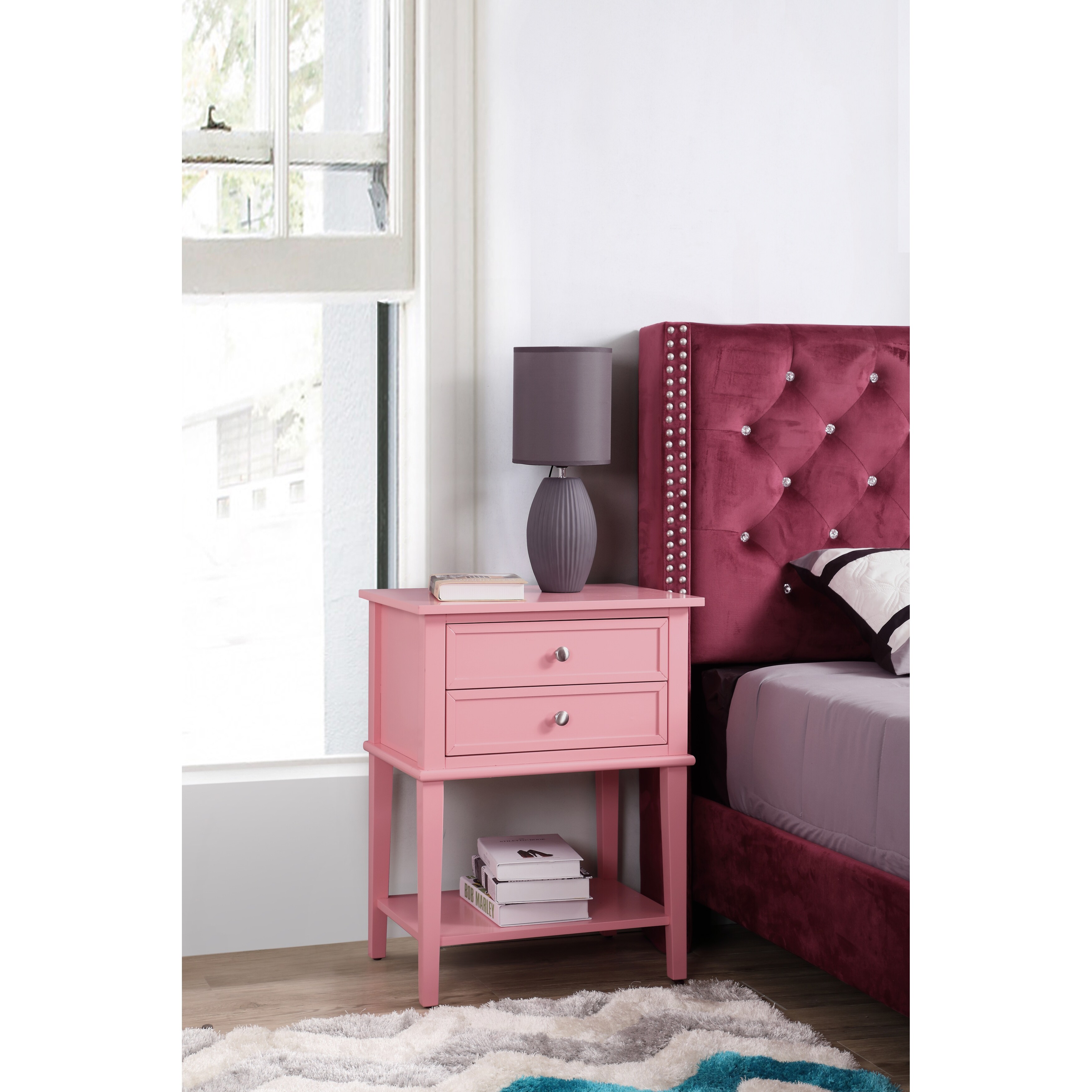 Pink Nightstand 28x22x16 Vibrant Bedside Table with Open Shelf Storage, Sleek Modern Style for Bedroom or Guest Room