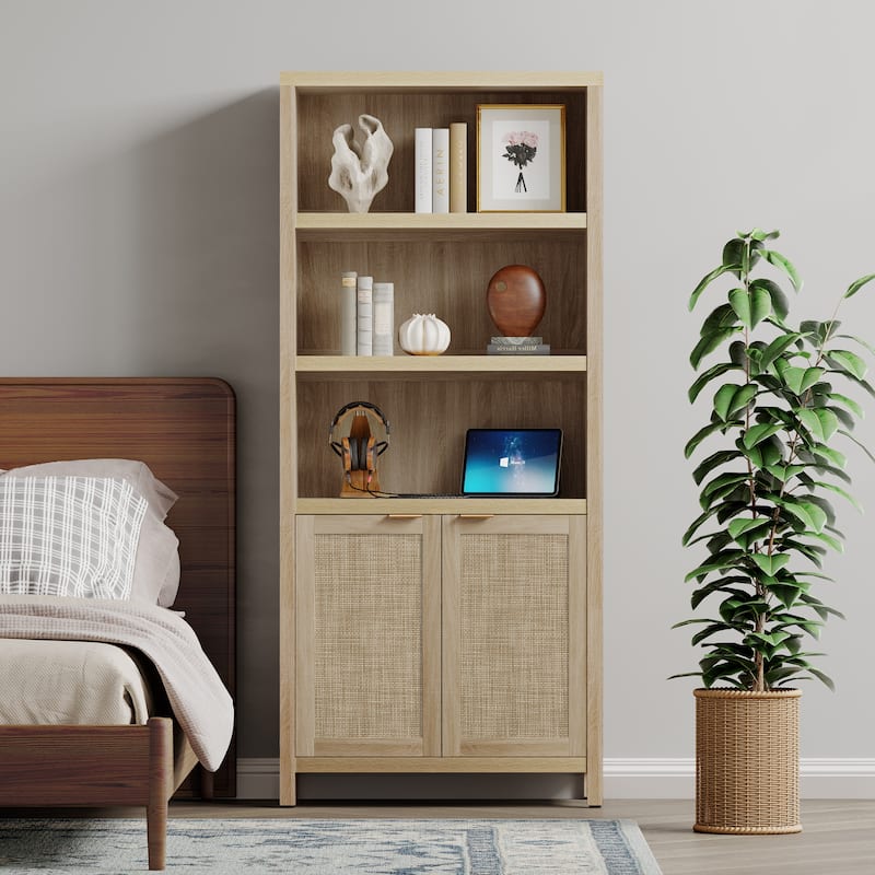 SICOTAS 5 Tier Adjustable Bookcase with Rattan Storage Cabinet