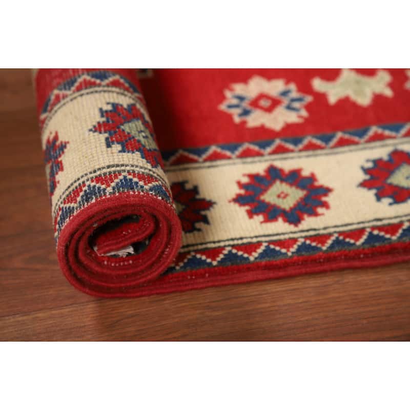 Red Kazak Foyer Rug Handmade Geometric Accent Wool Carpet - 2'8"x 3'9"