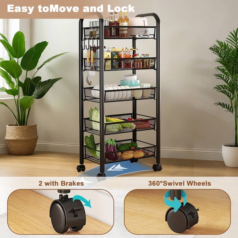 5-Tier Utility Rolling Cart On Wheels Storage Shelf for Narrow Space, Kitchen