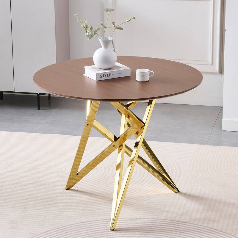 37Inch Round Dining Table, Small Round Kitchen Table With Golden Metal Legs, Suitable For 2 To 4 People - Walnut+Gold