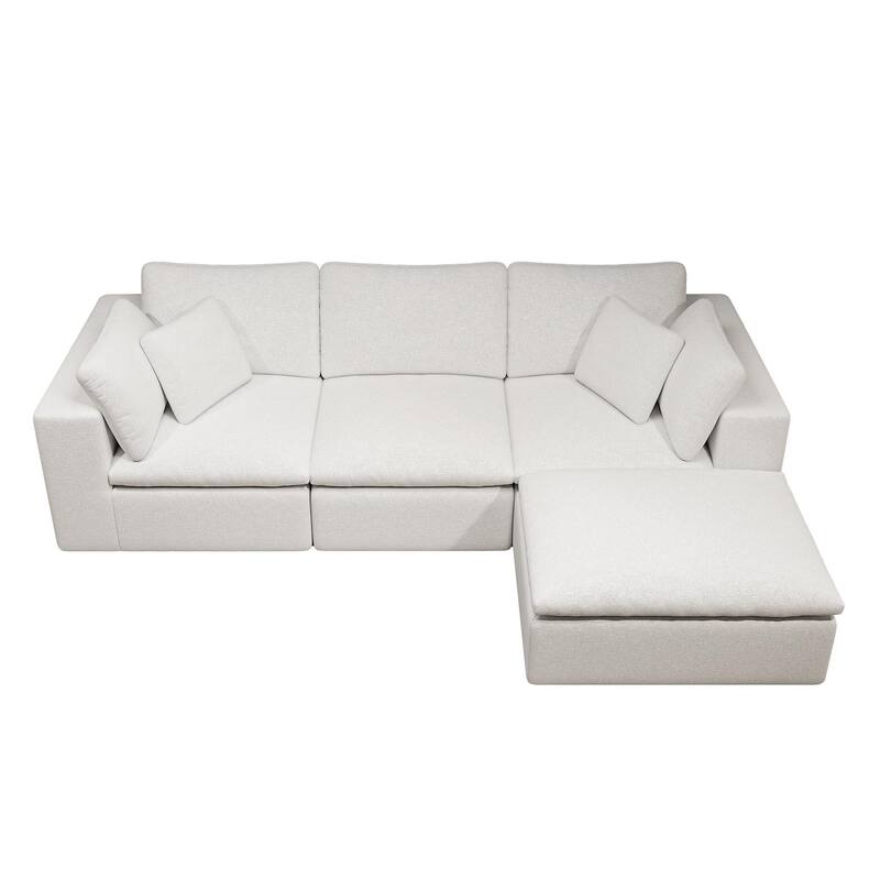 L-Shaped Modular Sectional Sofa with Ottoman, Comfy Plush Corduroy Deep Seat Cloud Couch, Compressed Sofa with Pillows