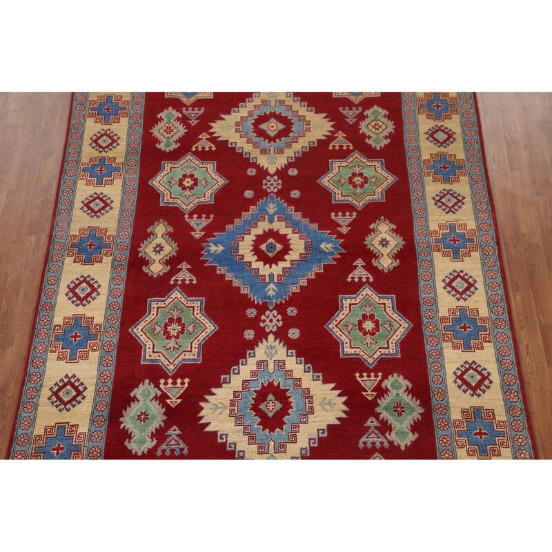 Hand Knotted Oriental 100% Wool Carpet Traditional Geometric Red Kazak Area Rug - 9' 8'' X 6' 7''