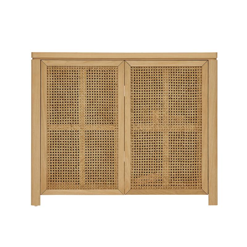 39.4" Retro Rattan Sideboard Buffet Cabinet with 2 Outlet Holes, Mid-Century Modern Coffee Bar Credenza Wood Accent Cabinet