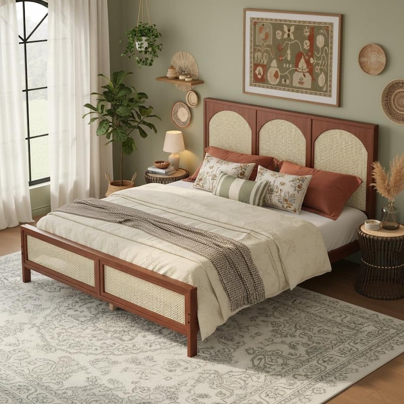 Rattan Inlay Wood Platform Bed by Harper&Bright Designs