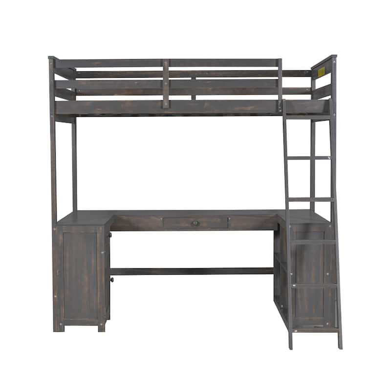 Antique Brown Twin Size Solid Wood Loft Bed with Desk, Blackboard, and Storage