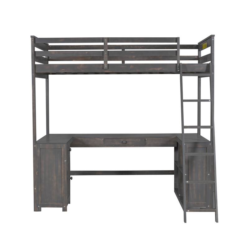 Loft Bed with U-shaped Desk, Drawers and Storage Shelves,Full/Twin Size
