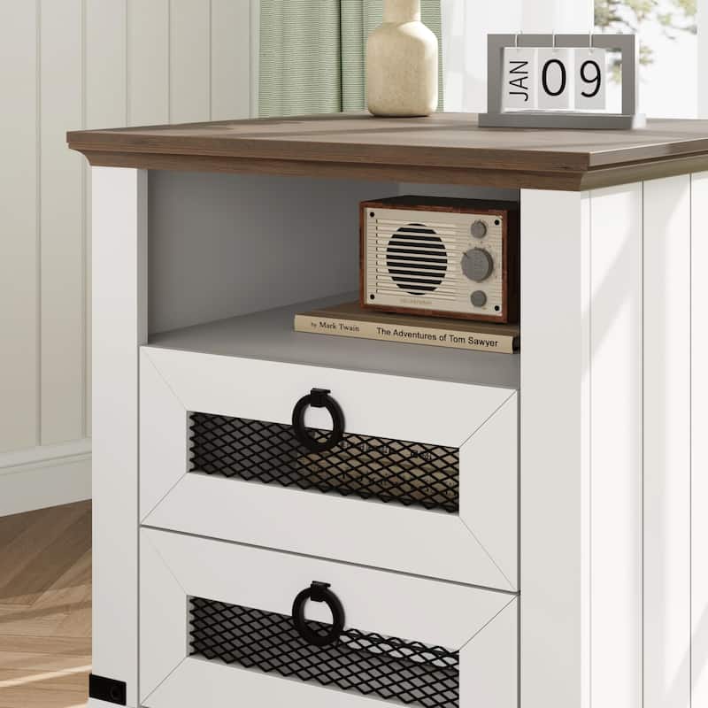 Farmhouse Nightstand 18" inch Side Table with Charging Station Bedside Table with 2 Drawers Night Stand