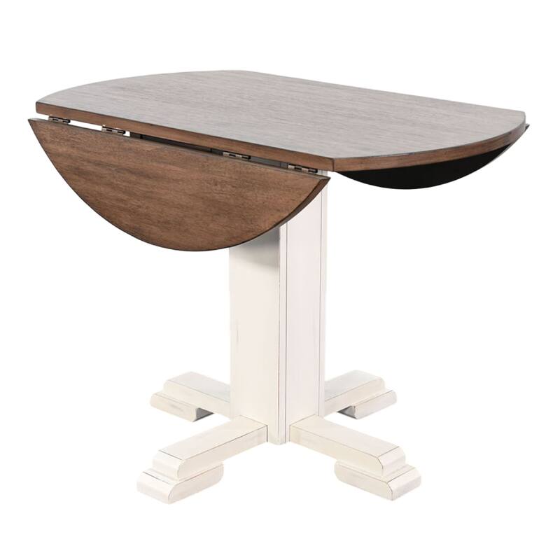 Lemy Round Dining Table w Drop Leaves, 40 Inch Dark Brown Top, White - Dark Brown, White