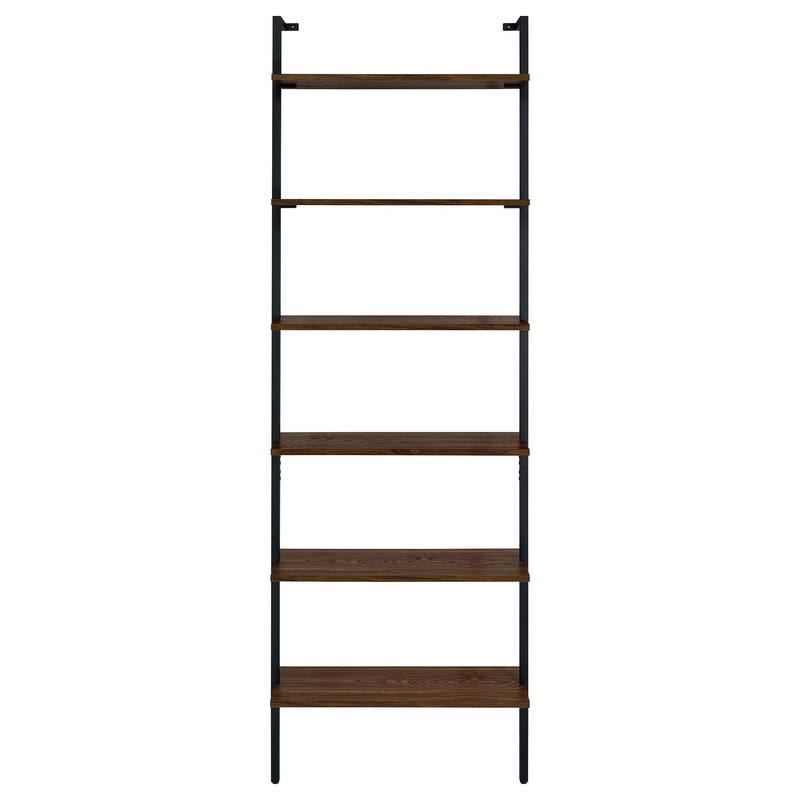Wens Wall Mounted Bookcase Unit, 6 Open Shelves, Black Metal, Brown