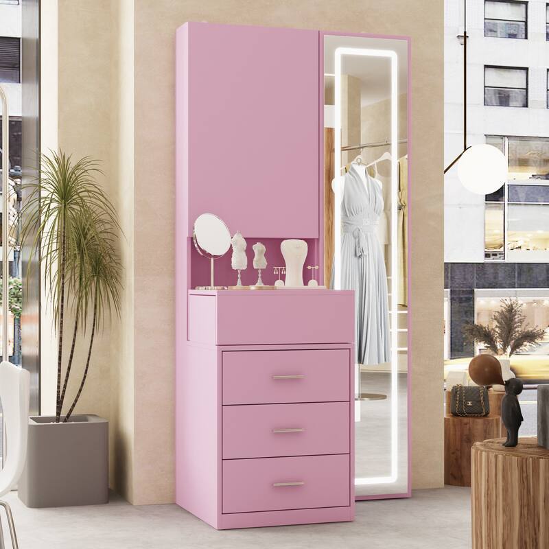 Sleek Storage Dresser with Ambient Mirror Lighting Makup Vanity Table