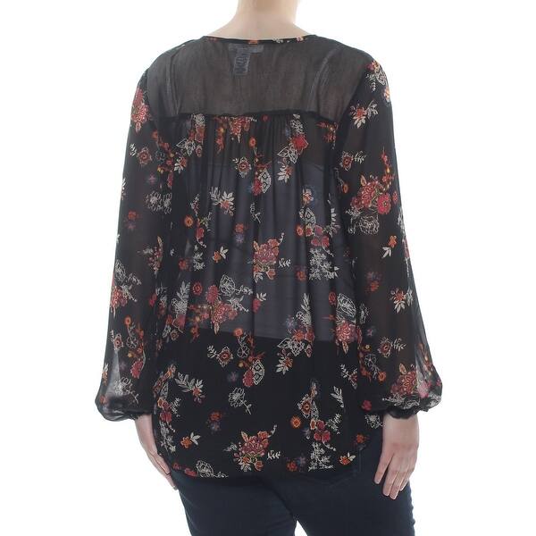 Shop Planet Gold Womens Black Sheer Tassle Floral Long Sleeve