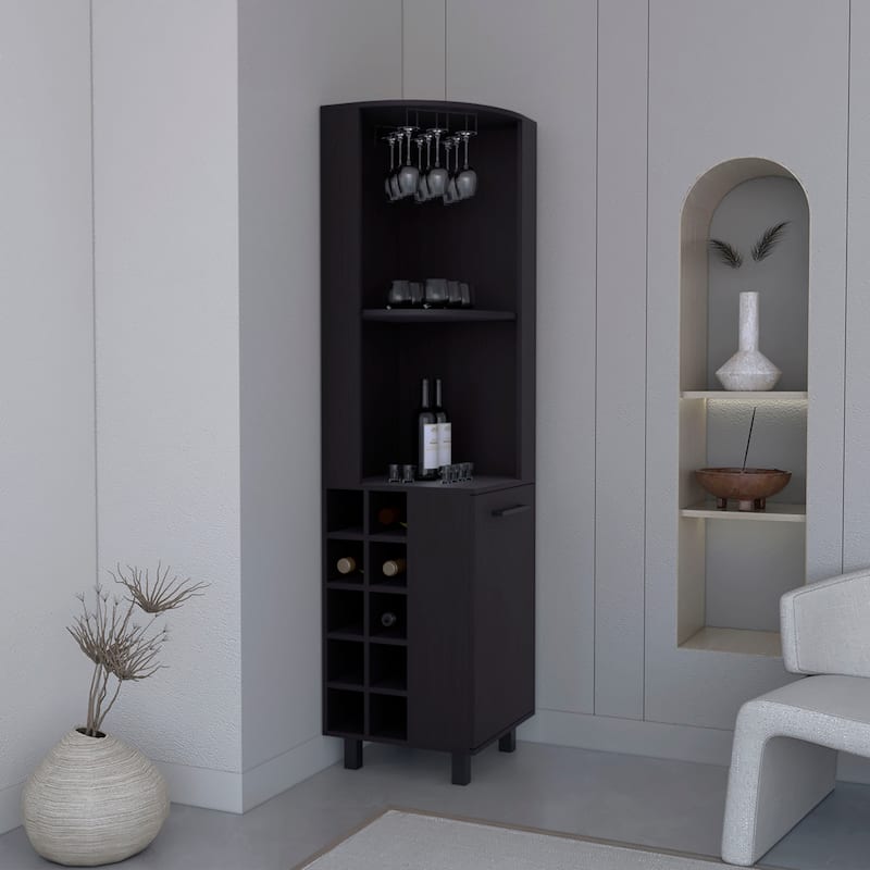 Corner Bar Cabinet With Four Shelves,Ten Wine Bottle Cubbies And Stemware,White - Black