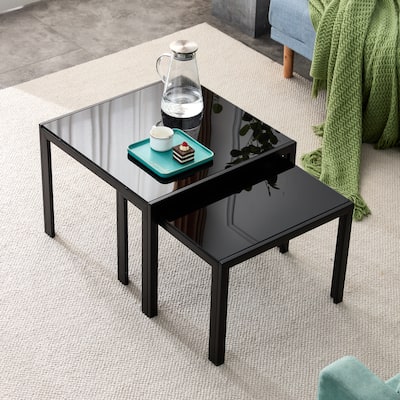 Set of 2 Square Nesting Coffee Table End Tables with Tempered Glass Finish