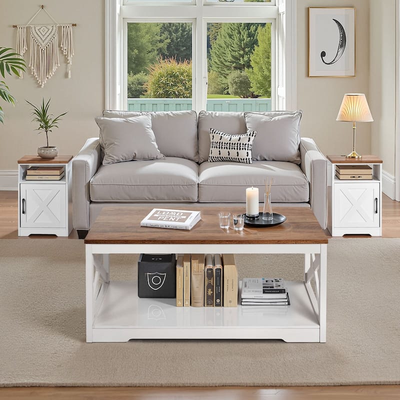 3-Piece White-Brown Wood Coffee Table Set with Power Outlets and Storage Space for Living Room - 40” x 21.7” x 18”