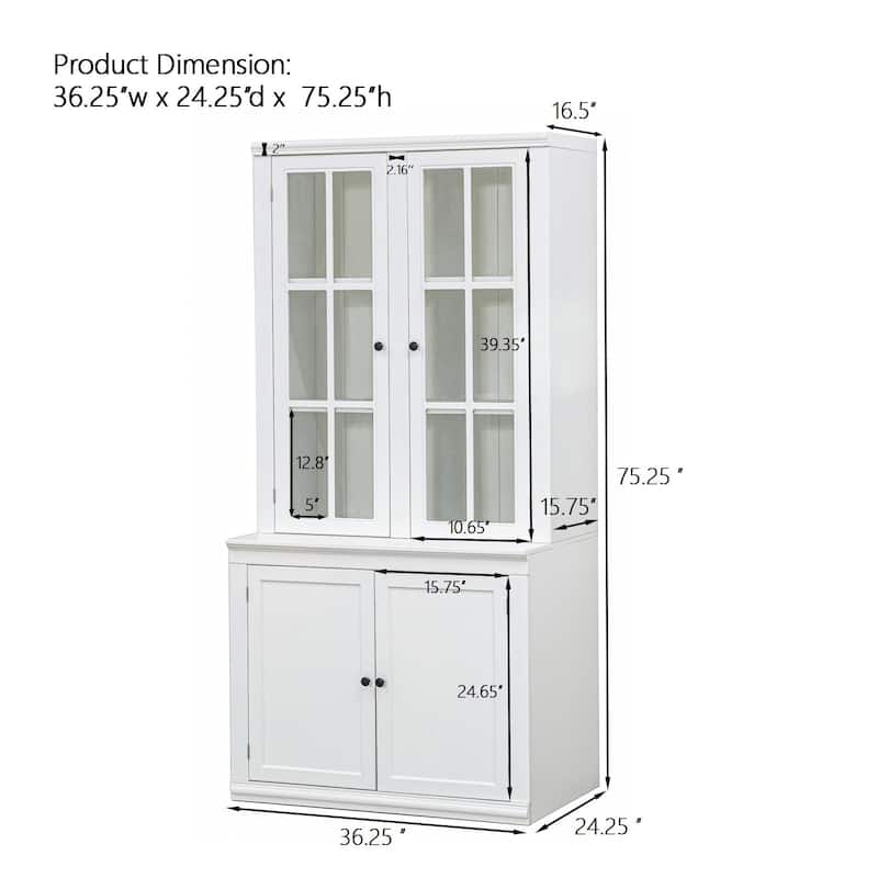 75.25''Tall Traditional Style China Cabinet – Display Hutch with Double Glass Doors for Hallways, Living Room, Kitchen, Home.
