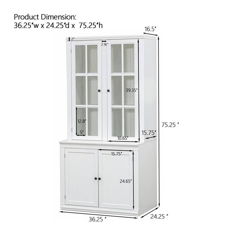 Set of Two 75.25'' Tall Pantry with Double Glass Doors, Traditional Style China Cabinet Hutch Cabinet - White