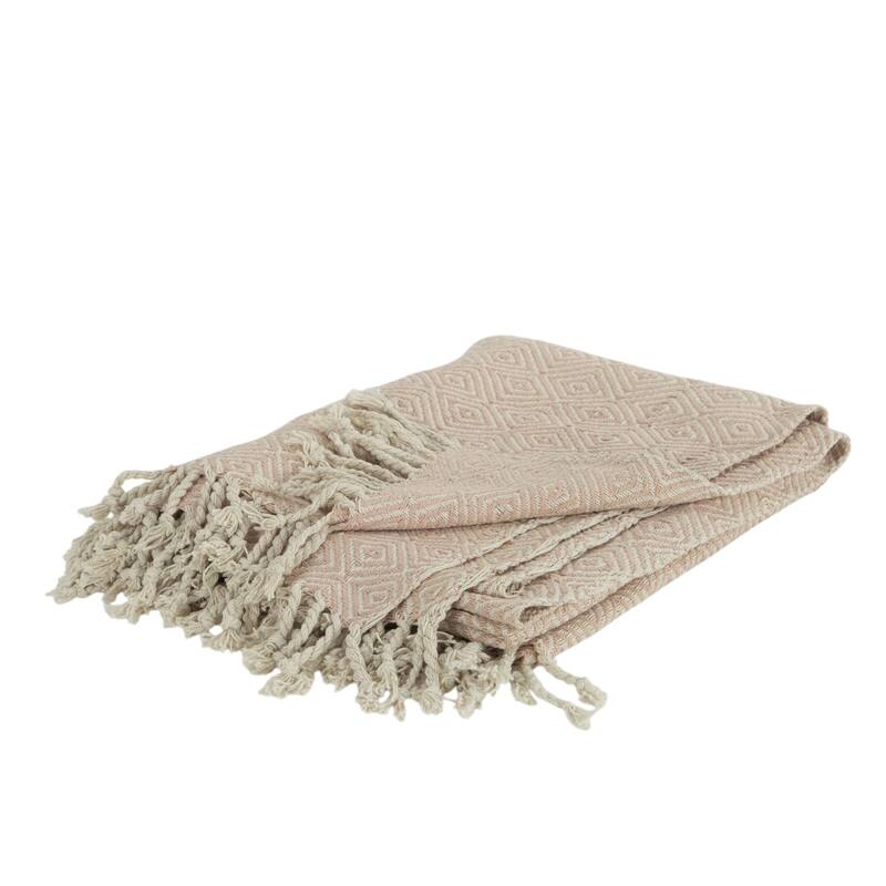 HomeRoots 50" X 60" Blush Cotton Woven Geometric Throw Blanket with Fringe