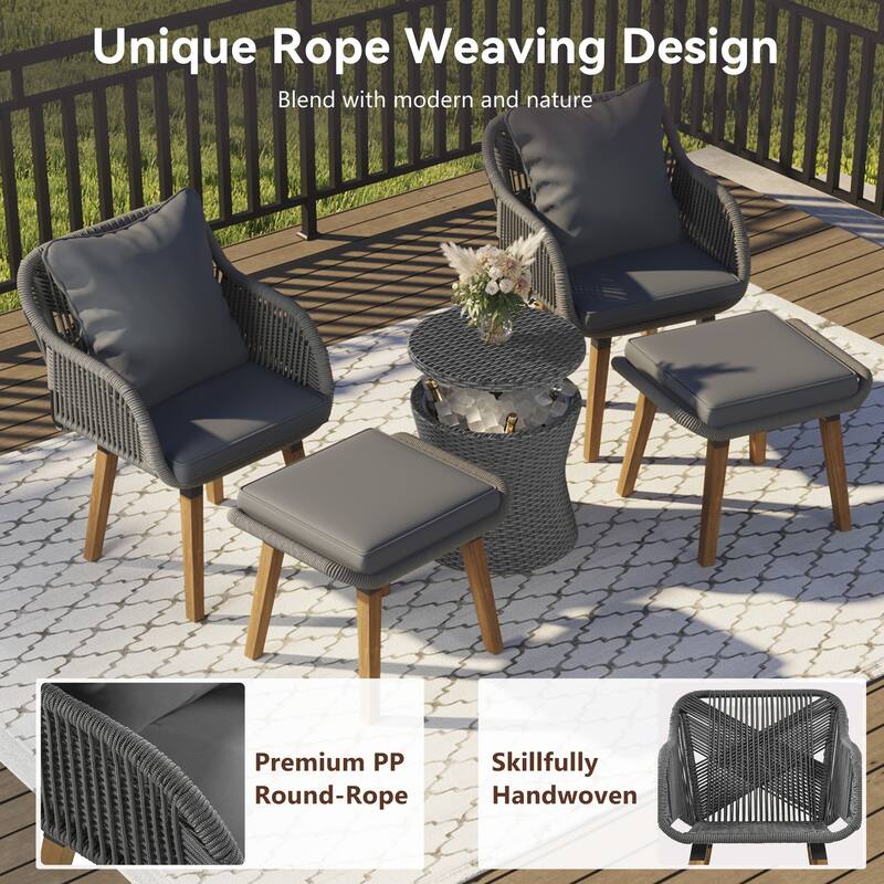 5 Pcs Outdoor Patio Furniture Set, All-Weather Patio Conversation Set with Wicker Cool Bar Table, Single Chairs and Ottomans