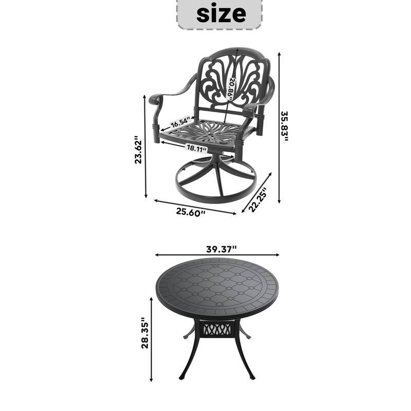 3-Piece Aluminum Round Outdoor Patio Dining Set, 2 Cushioned Swivel Chairs, Table, All-Weather Frames