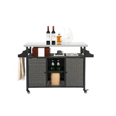 Outdoor Wicker Rolling Bar Cart with Wheels, Storage Cabinet & Stainless Steel Table Top for Garden