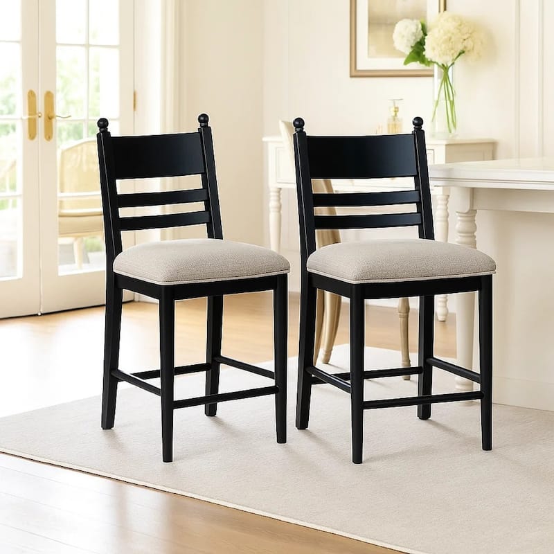 Gela Counter Height Chair Set of 2, Beige Seat, Black Ladderback