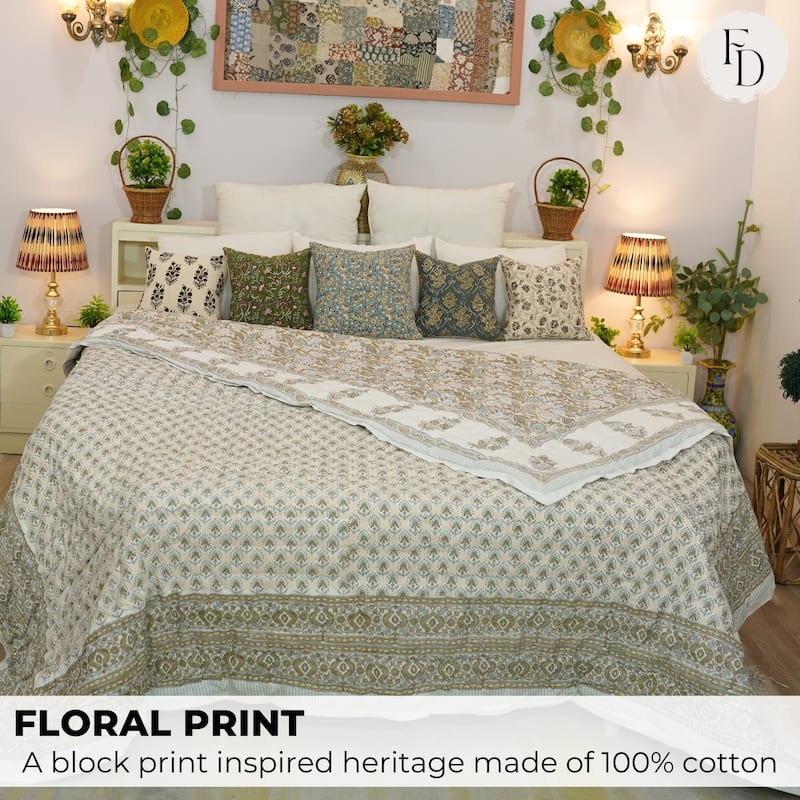 Fabdivine Cotton Quilt HandBlock Printed Vegetable Dye Brown Floral Sustainable EcoFriendly Reversible Bedspread Artisan Bedding