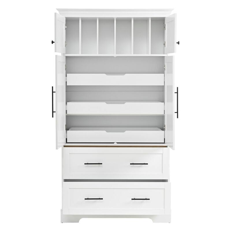 Farmhouse 72.6" Tall Kitchen Pantry with 4 Doors Storage Cabinet , 2 Drawers and Pull-out Trays for Cake Pan Storage Organizer