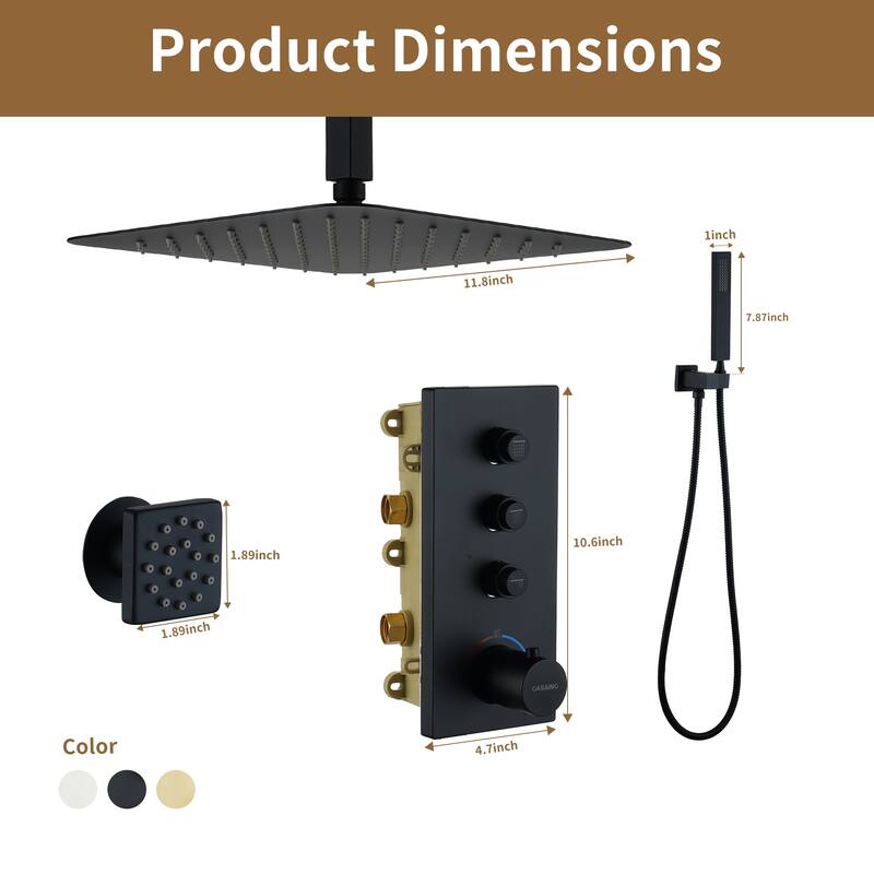 3 Functions 12 Inch Ceiling Mounted Thermostatic Shower System in Matte Black