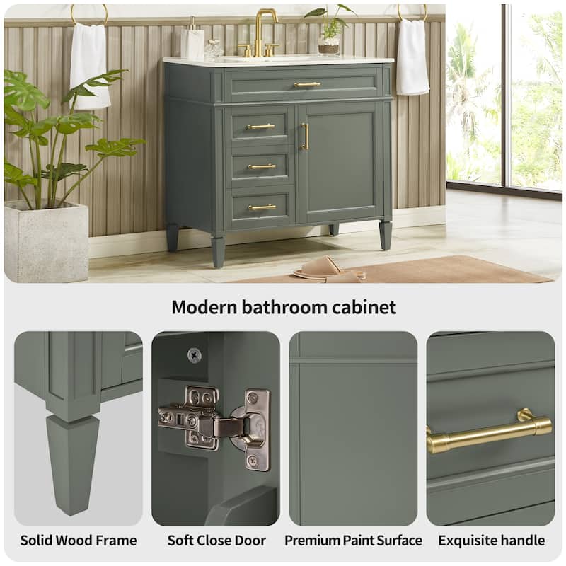 Modern 36" Freestanding Bathroom Vanity Cabinet Wood Frame with Ceramic Sink and Divided Drawers