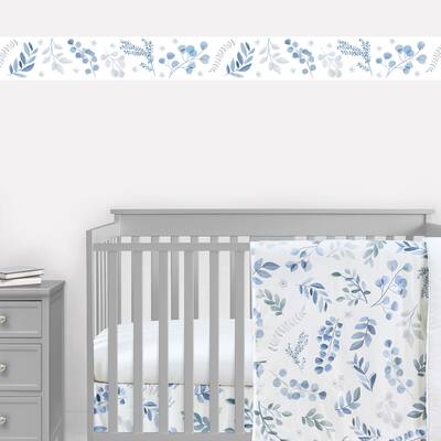 Floral Leaf Collection Wallpaper Wall Border - Blue Grey and White Boho Watercolor Botanical Flower Woodland Garden Leaves