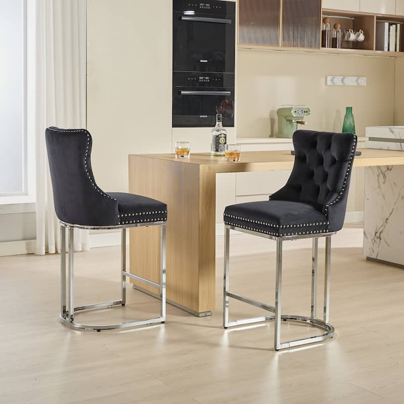 Counter Height Bar Stools Set of 2, Velvet Upholstered Accent Chairs with Button Back, Rivet Trim and Chromed Metal Base Legs