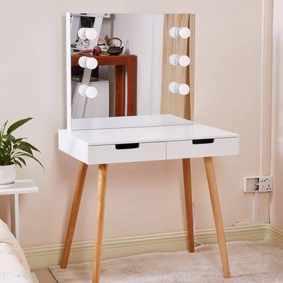 Wooden Dressing Table with LED Lights, Makeup Table with 2 Drawers