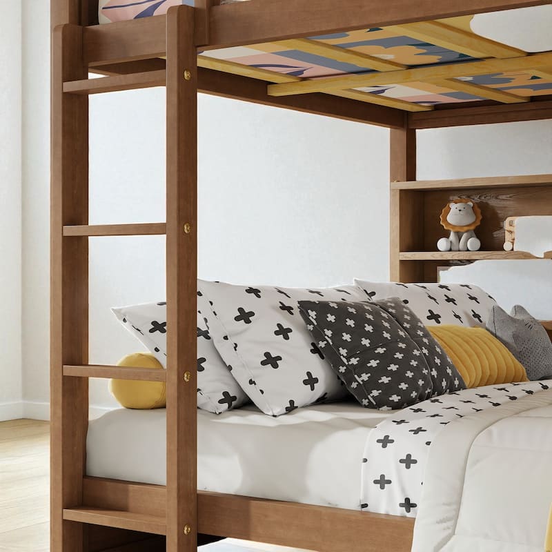 Queen Over Queen Bunk Bed with Storage Cabinets, Charging Station, Ladder and Guardrails, Solid Pine Wood Frame