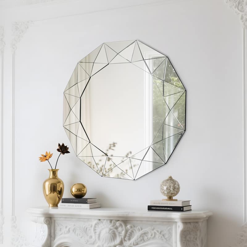Avelia Modern Round Wall Mirror 39 Inch Geometric Beveled Glass with MDF Back - Silver/Chrome - Dia.39"*H1.2"