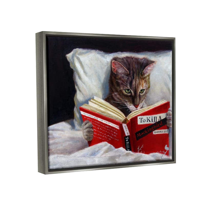 Stupell Cat Reading a Book in Bed Funny Painting Floater Frame - Multi-Color