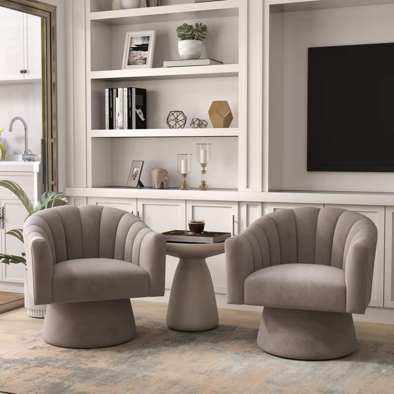 SEYNAR Modern Glam Velvet Upholstered Round Swivel Accent Arm Barrel Chair for Living Room Set of 2 - Grey
